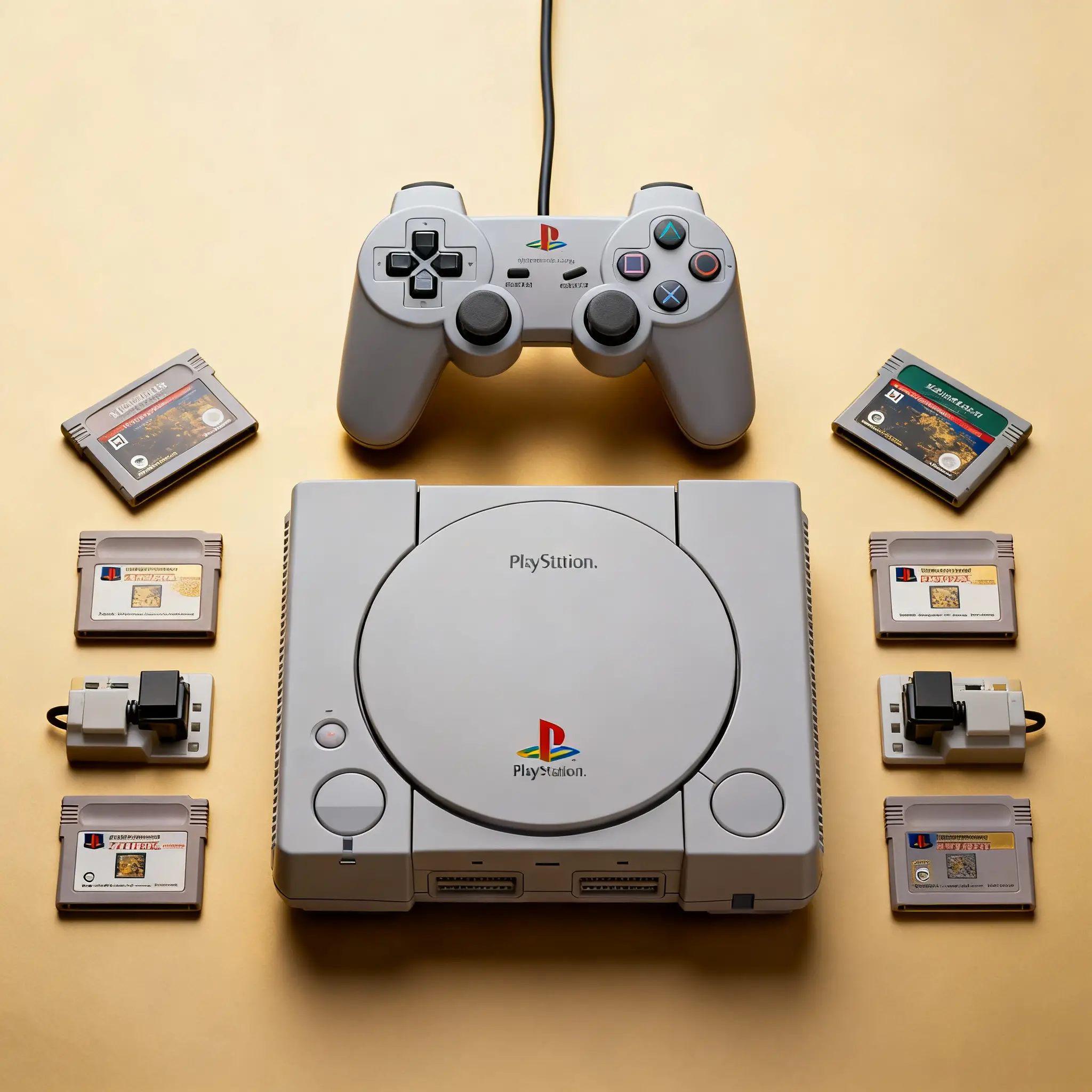 Una console di gioco classica circondata da accessori vintage disposti con cura