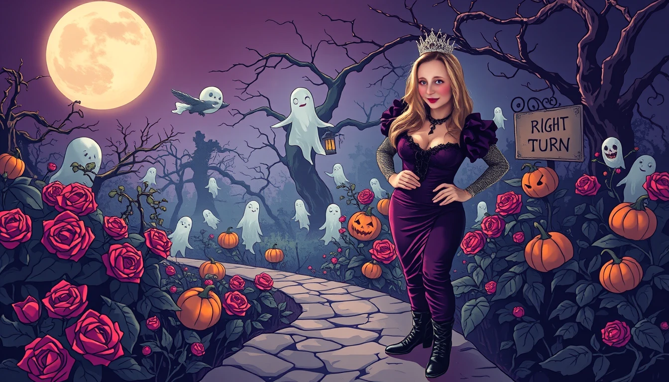 A Confident Woman Beneath an Ominous Moon on a Crooked Garden Path