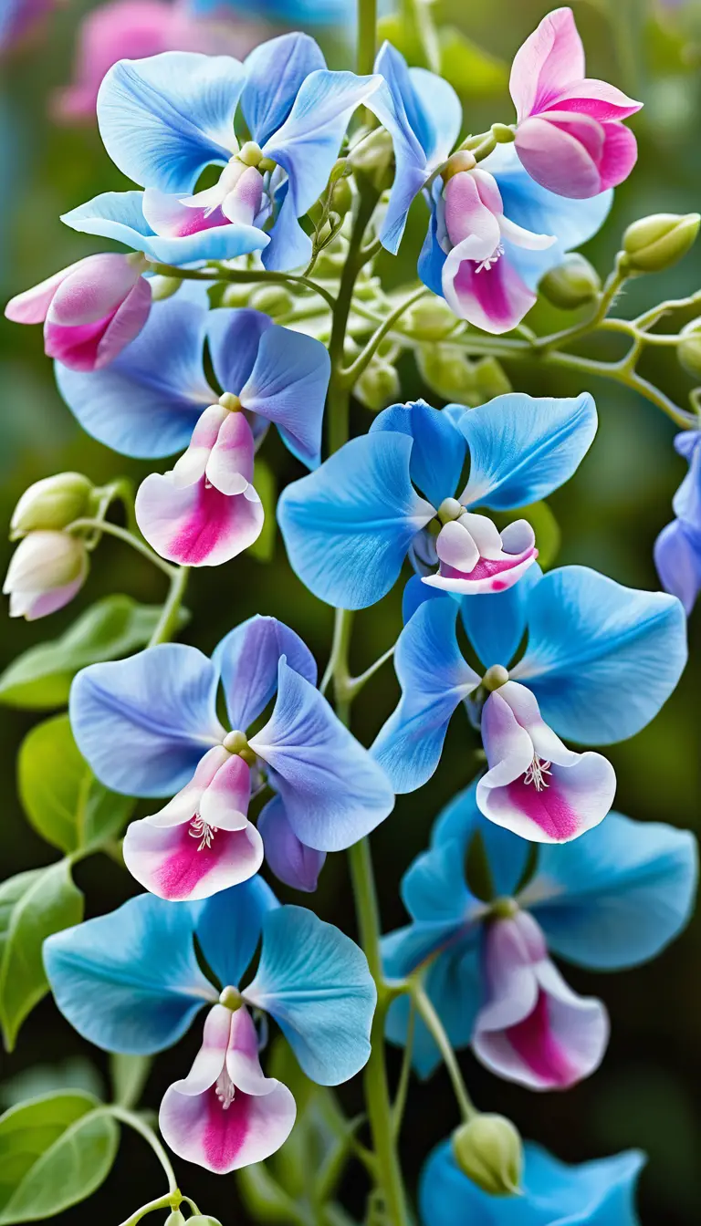 A flowering vine with cascading blue, pink, and white blossoms