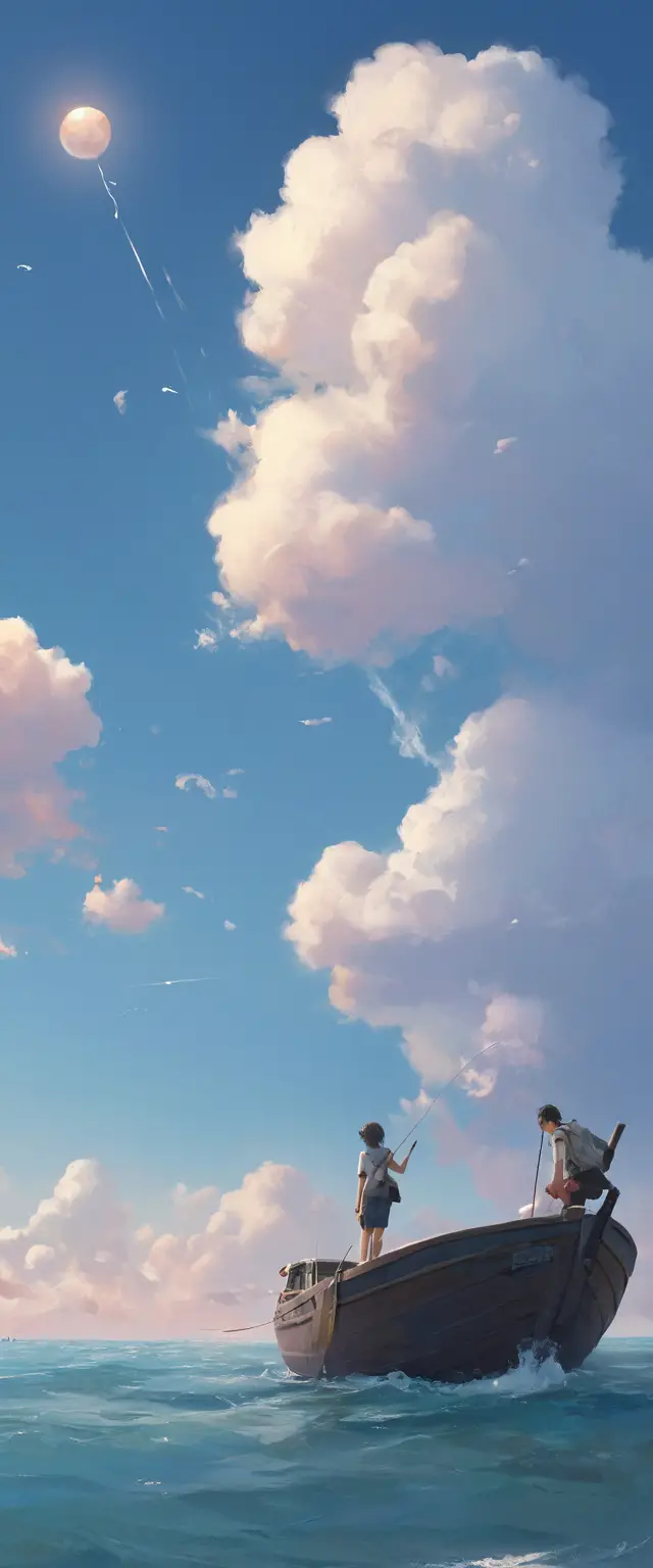 Verspielte Seifenblasen vor flauschigen Wolken am strahlend blauen Himmel