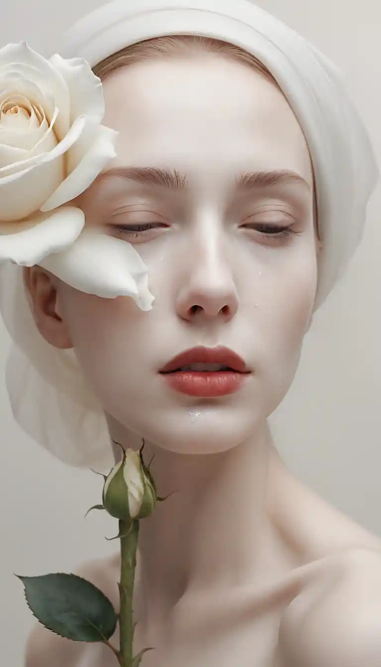 A surreal woman's face emerges with a rose and a falling tear
