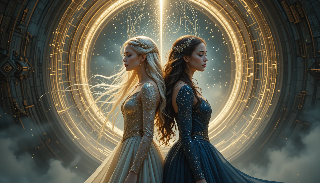 Two goddesses stand back-to-back beneath a divided celestial portal