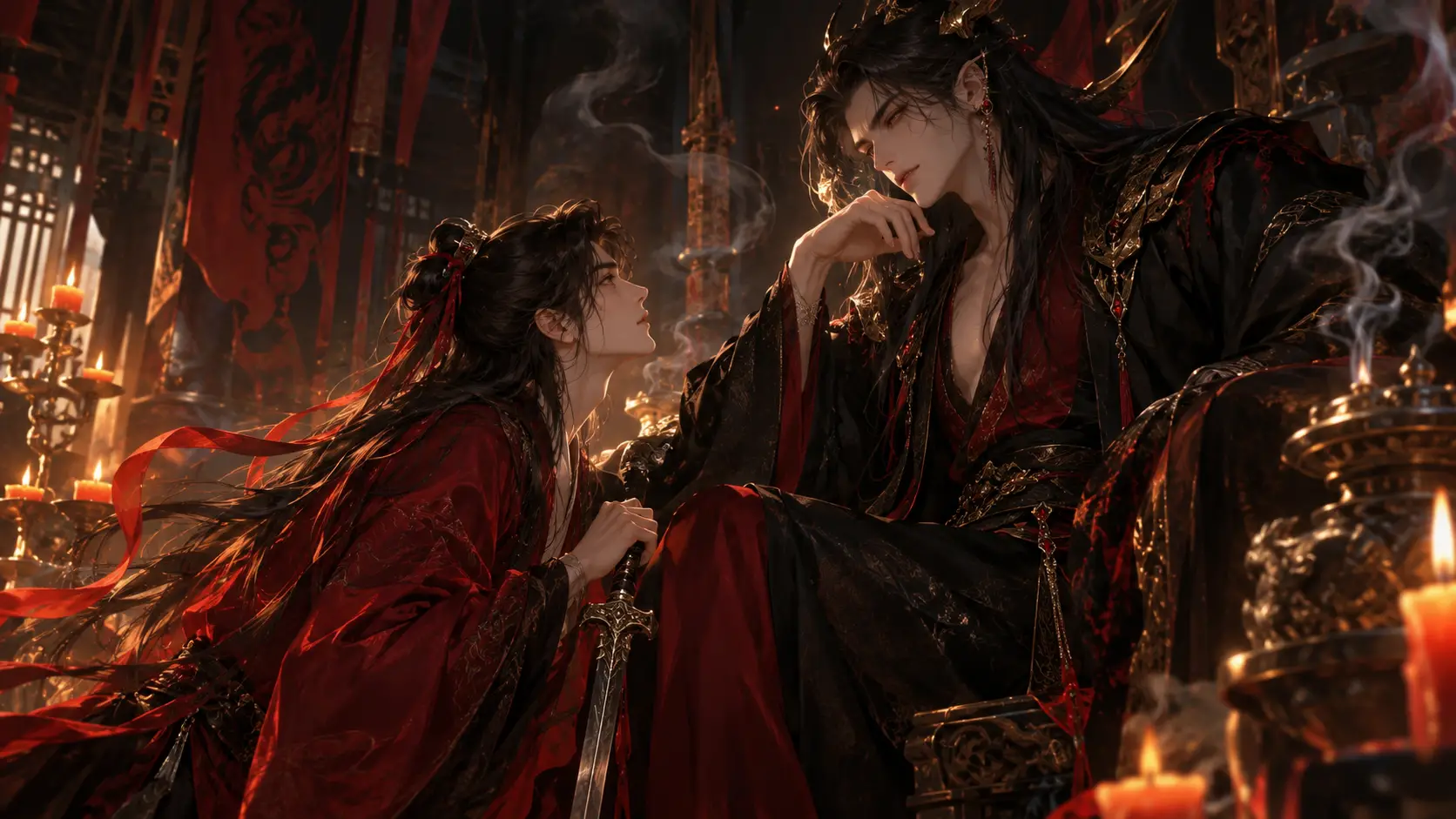 A scarlet-robed man kneels before a demon lord on his throne
