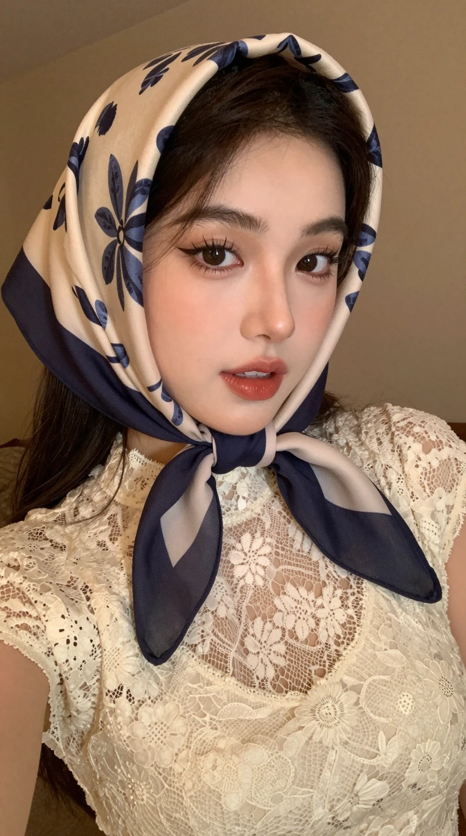 A woman’s retro selfie with a patterned headscarf and cream lace top