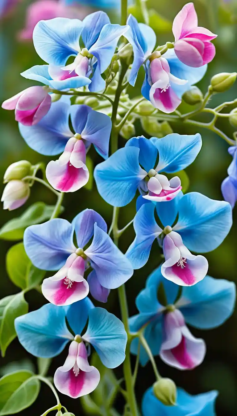 Uma trepadeira florida com flores azuis, cor-de-rosa e brancas em cascata