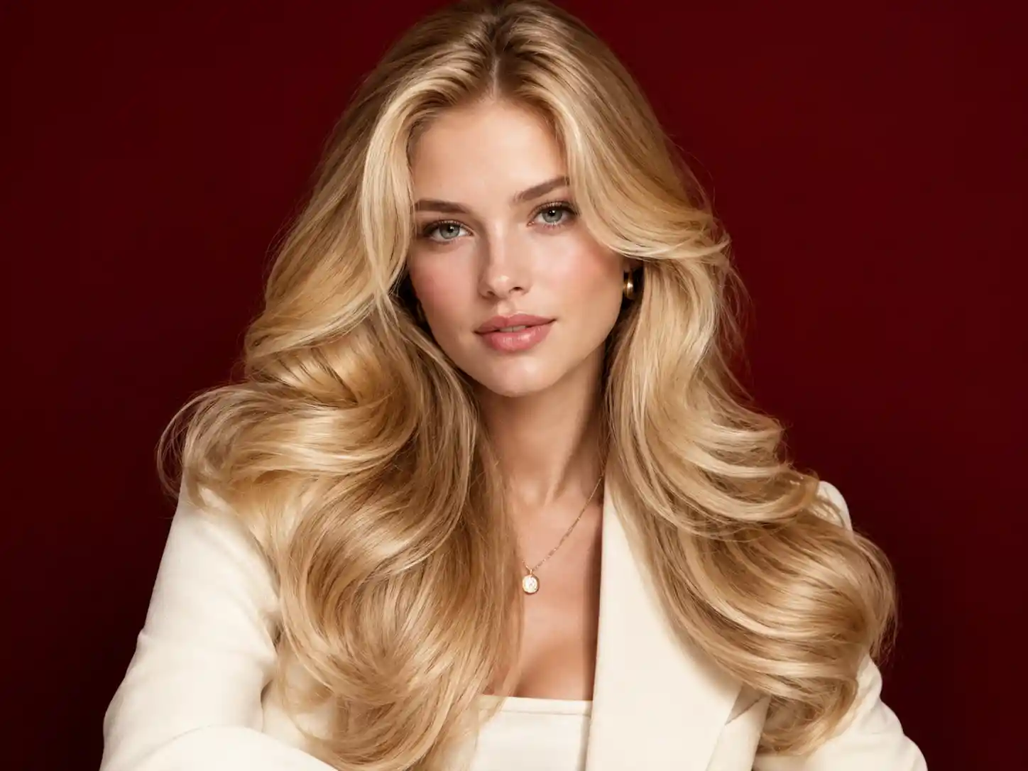 Elegante modella bionda con capelli lunghi, lucenti e acconciati in salone