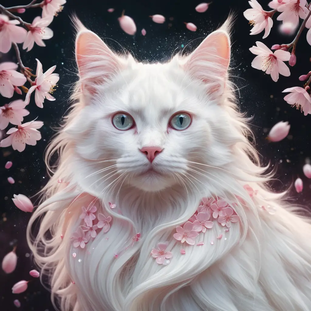 A white long-haired cat entwined with pink sakura blossoms in a surreal portrait