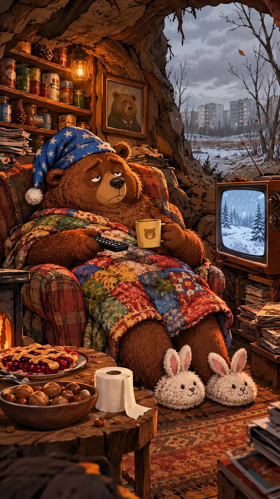 A tired brown bear rests in a cluttered, warmly lit den