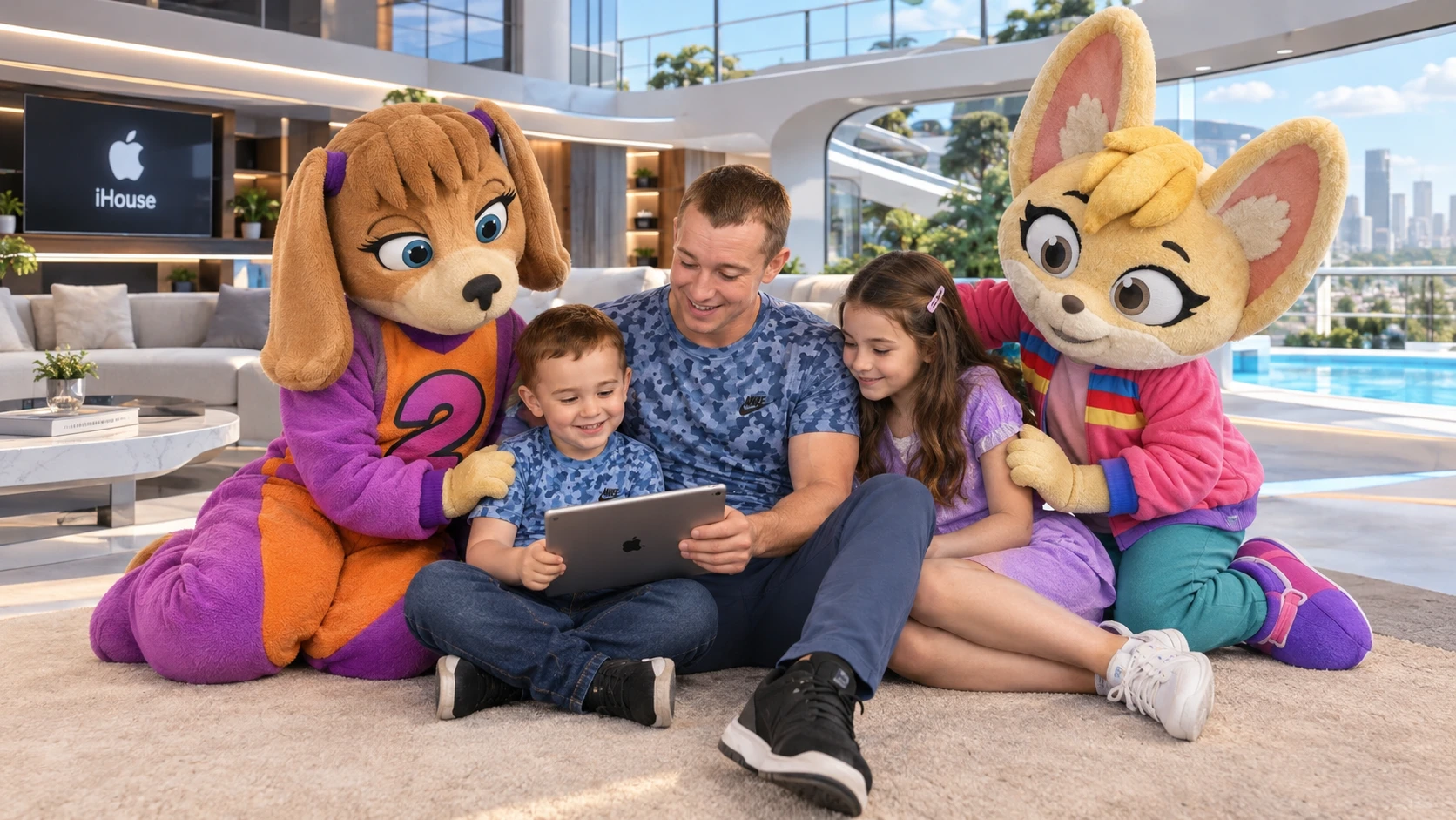 A dog mascot helps her human husband care for their son
