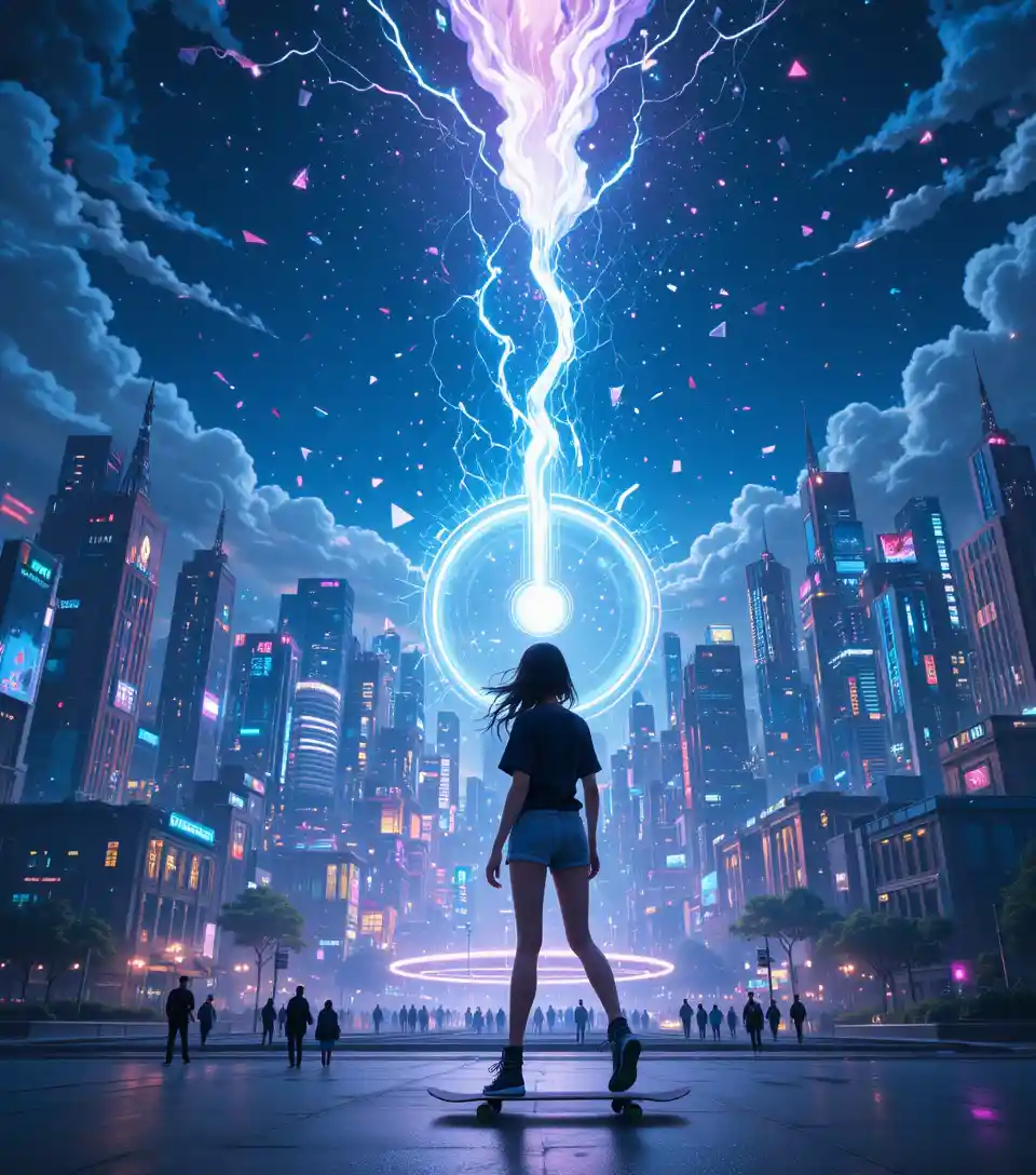 Young female skateboarder in a close-up anime portrait