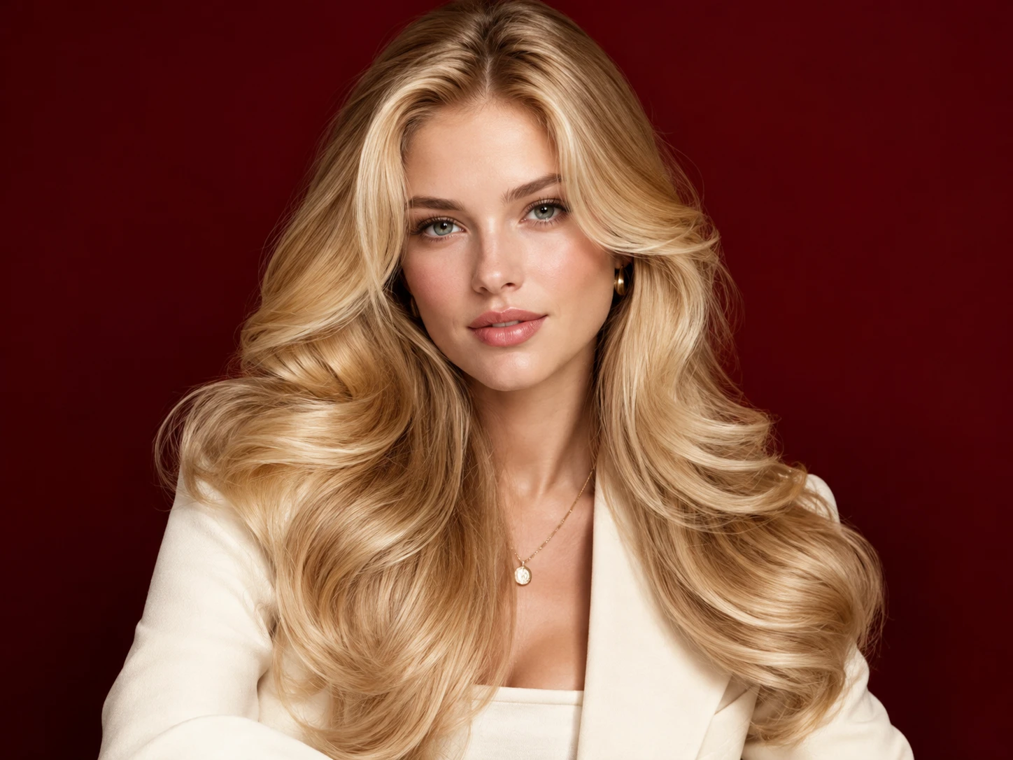 Elegante modella bionda con capelli lunghi, lucenti e acconciati in salone