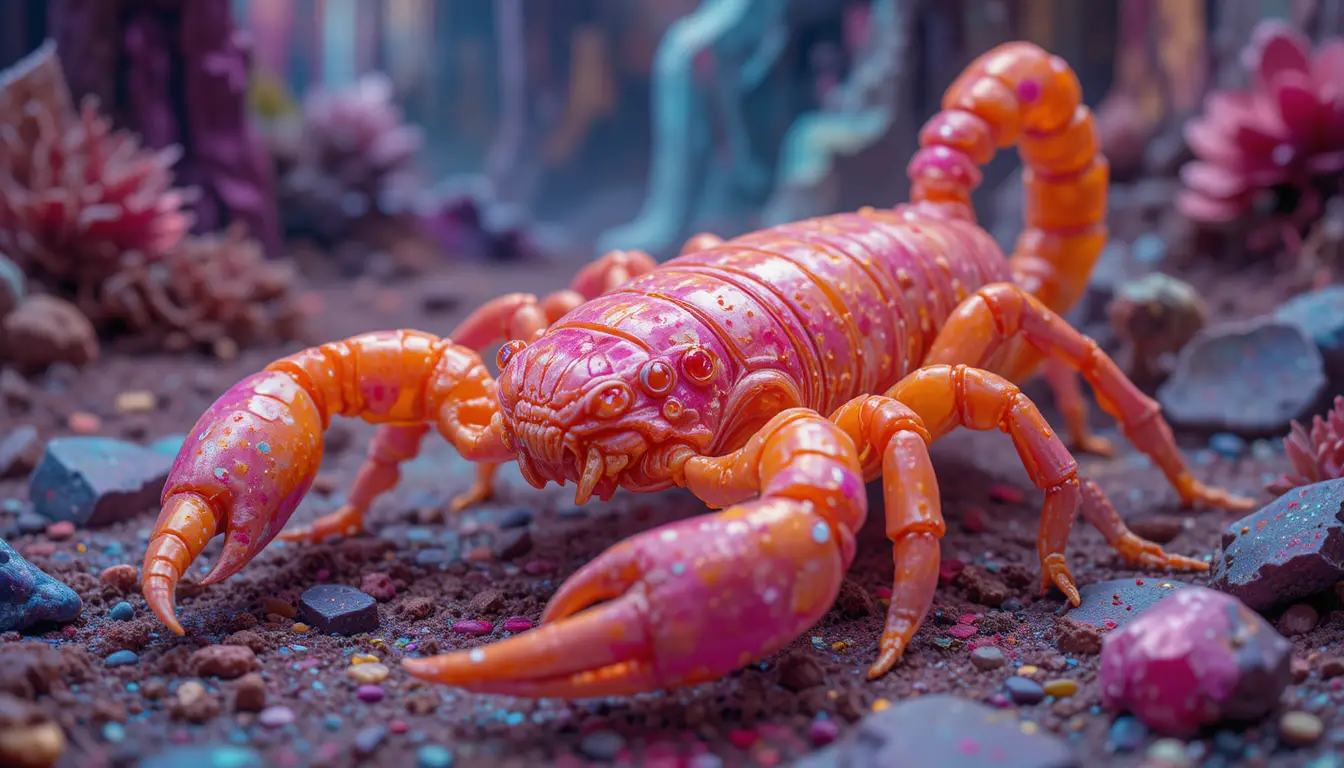 A ceramic scorpion painted pink and orange with tulip details