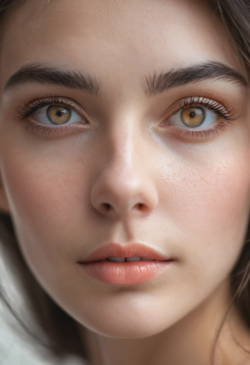 A close-up portrait of a young woman with amber eyes and glossy lips