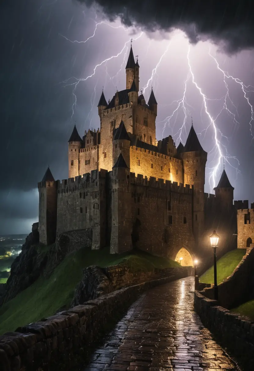 Lightning Illuminates a Medieval Castle Amid a Heavy Nighttime Rainstorm
