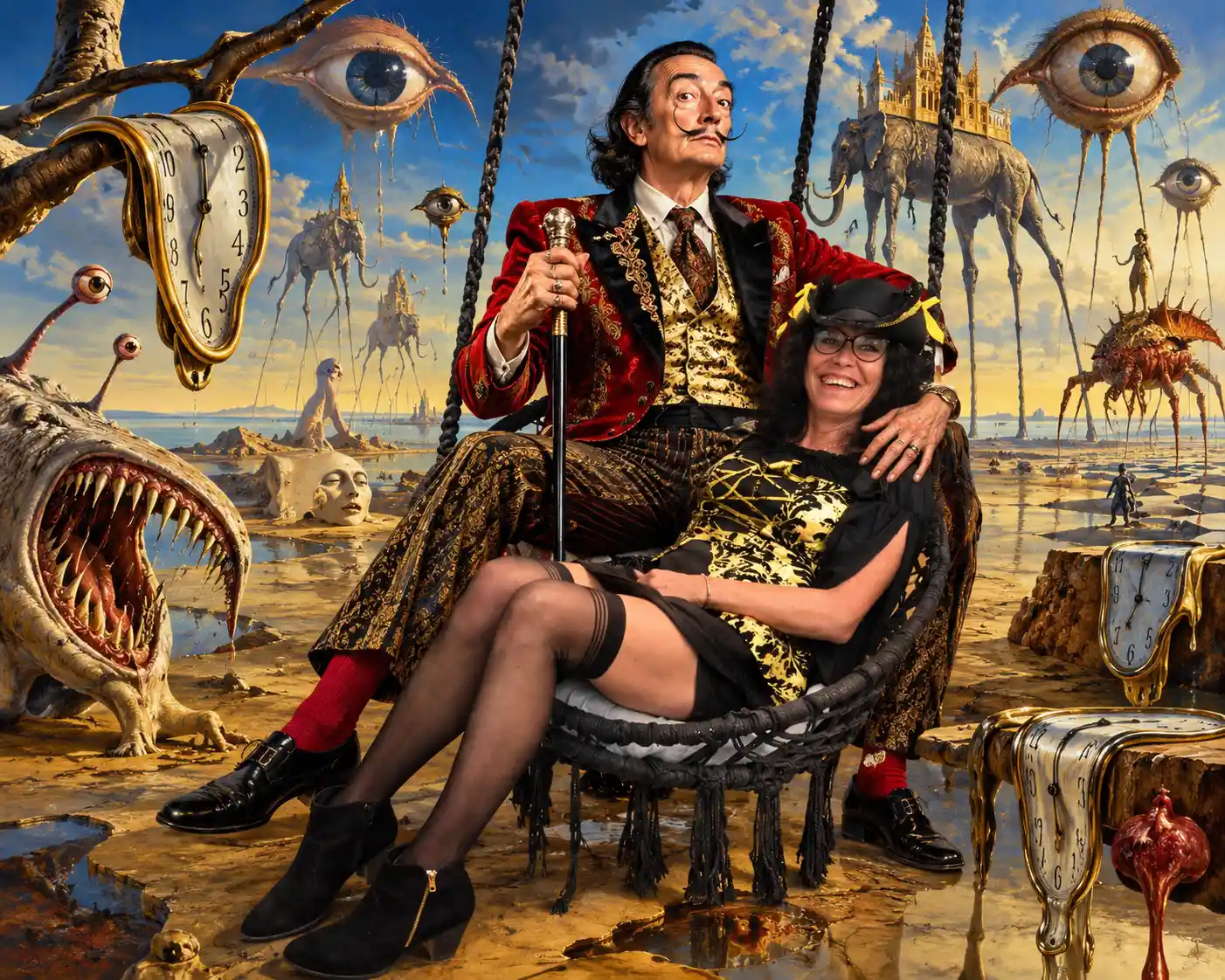 Ein surrealistisches Porträt von Salvador Dalí, der auf einer Frau sitzt