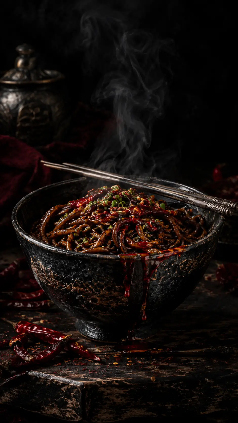 A Chinese noodle dish in dramatic gothic food photography