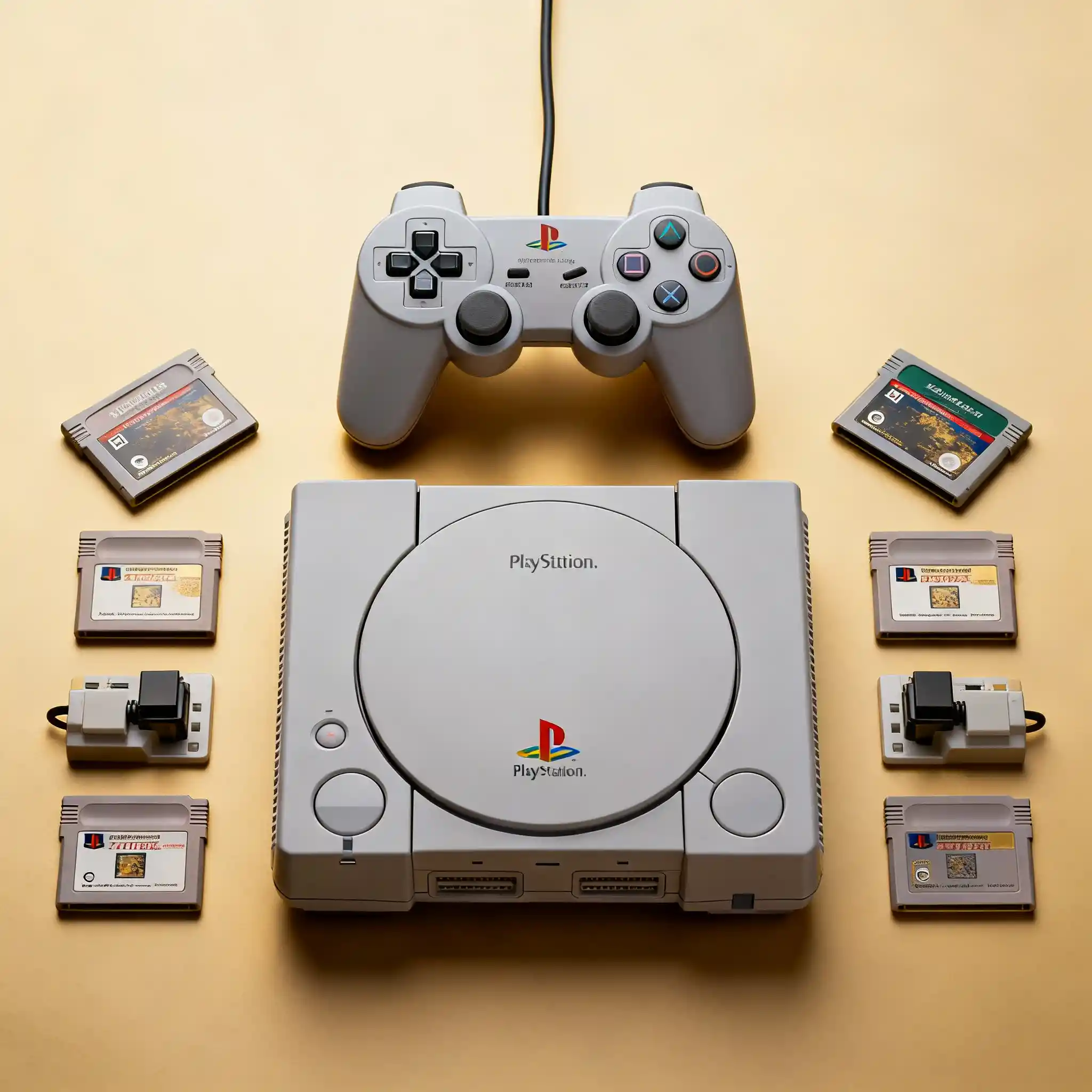 Una console di gioco classica circondata da accessori vintage disposti con cura