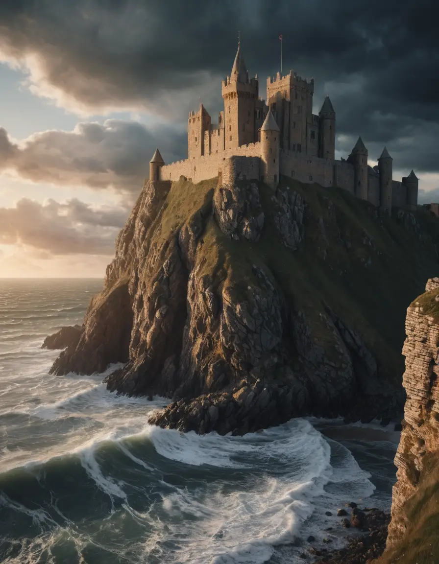 A medieval castle rises above a sea clifftop at sunset