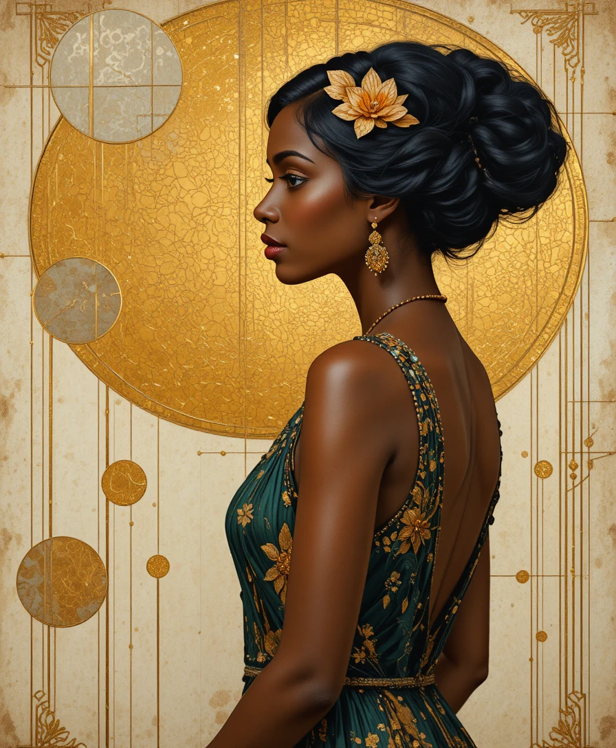 A defiant 1920s woman in profile against an art nouveau gold background