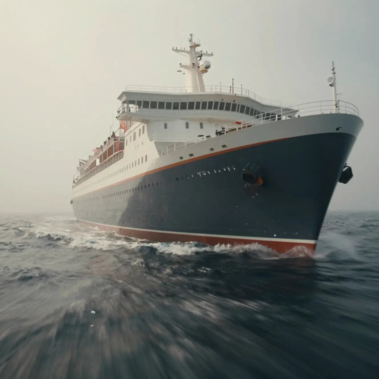 A Majestic Ocean Liner Fills the Frame Amid Motion Blur and Haze