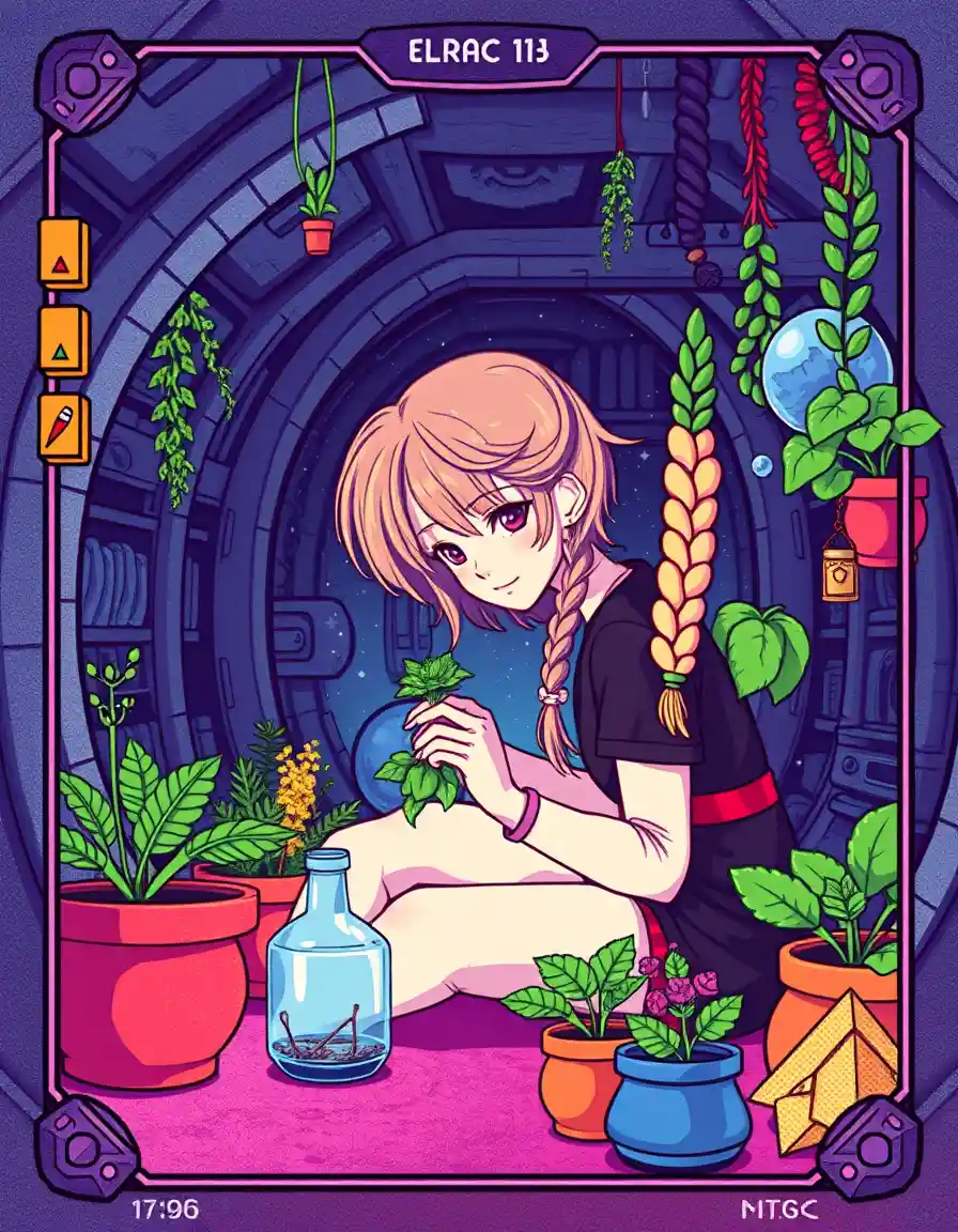 Una ragazza con una treccia giallo limone raccoglie erbe in un habitat spaziale in pixel art