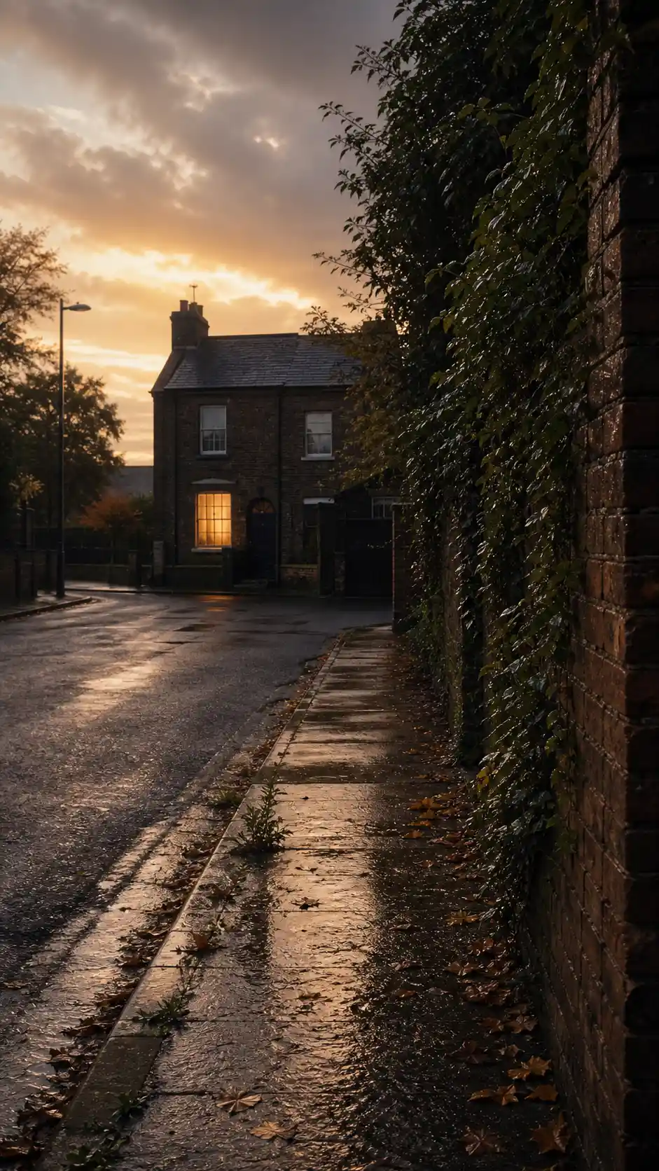 Una tranquilla casa britannica in mattoni brilla in fondo a una strada bagnata