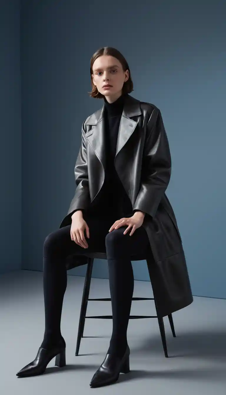 A fashion model poses in a sculptural seat against a blue-gray studio backdrop