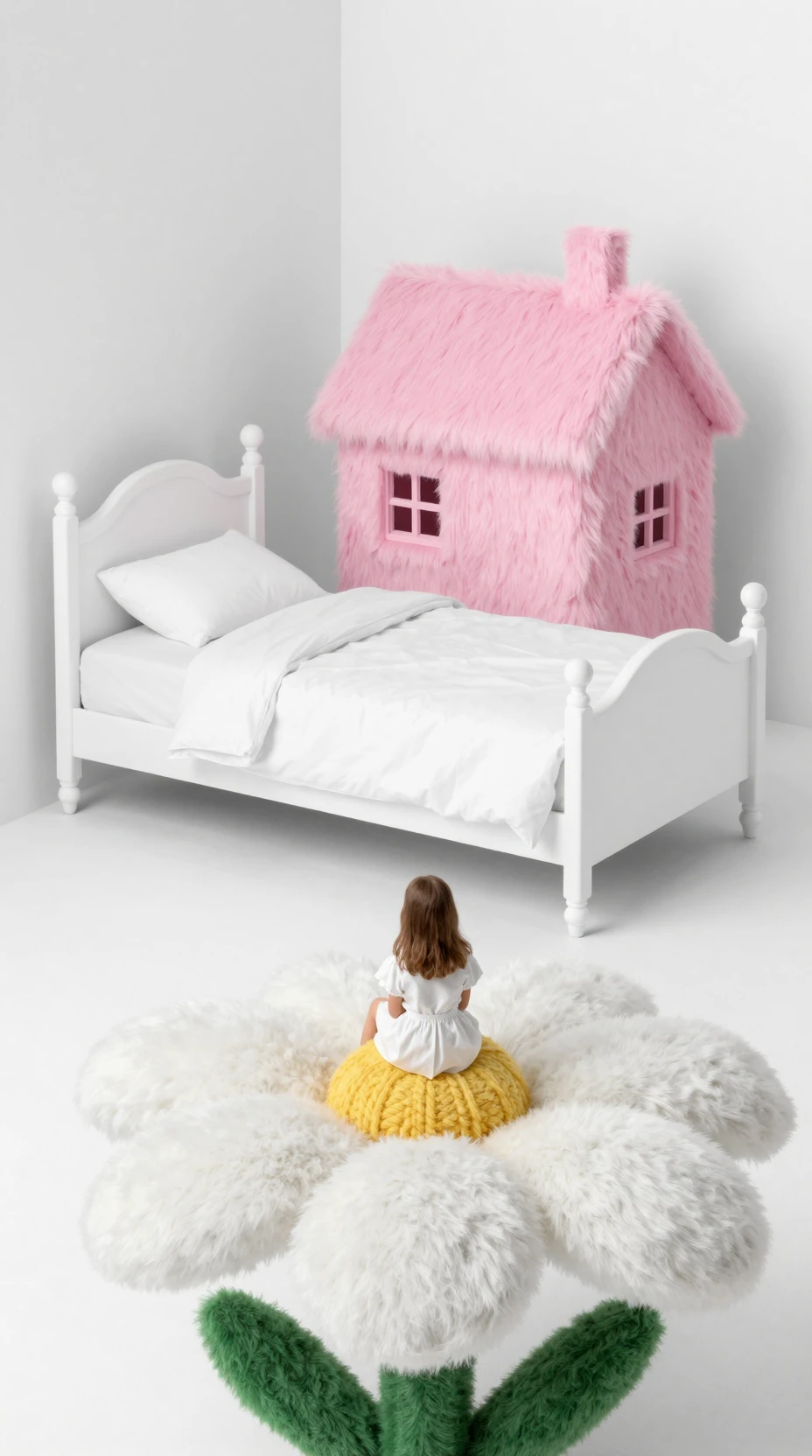 A tiny girl sits on a large flower against a white background