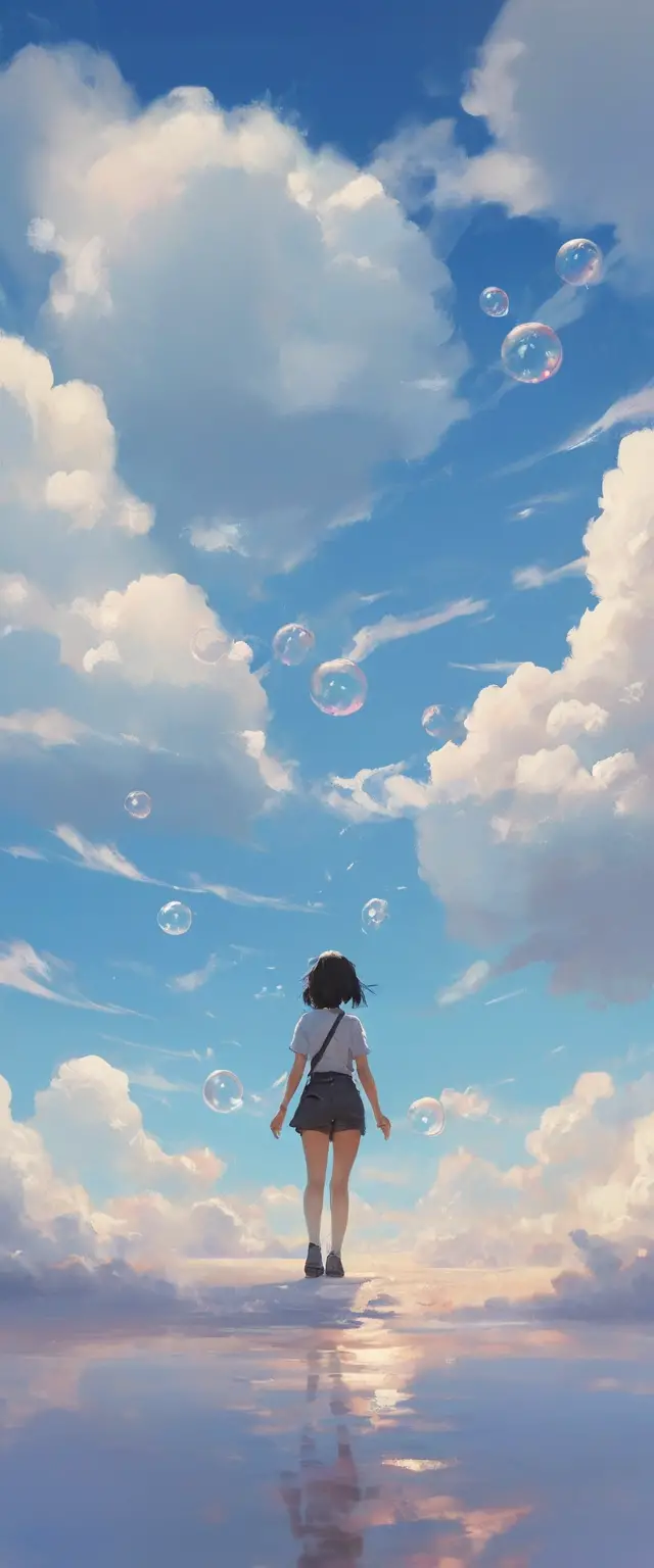 Ein magischer Teppich schwebt durch Blasen unter flauschigen weißen Wolken