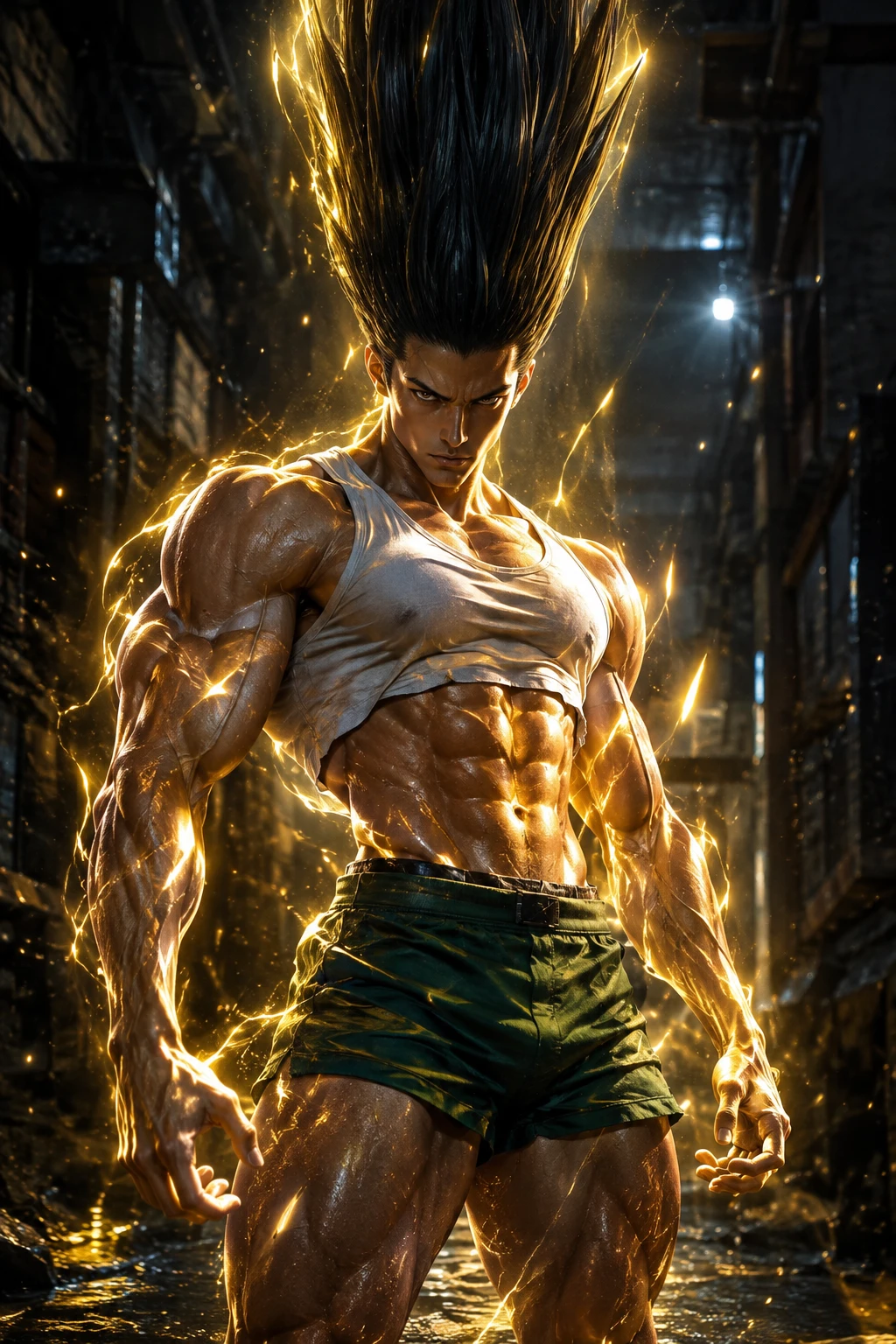A muscular man with upright black hair radiates golden energy in a dark alley