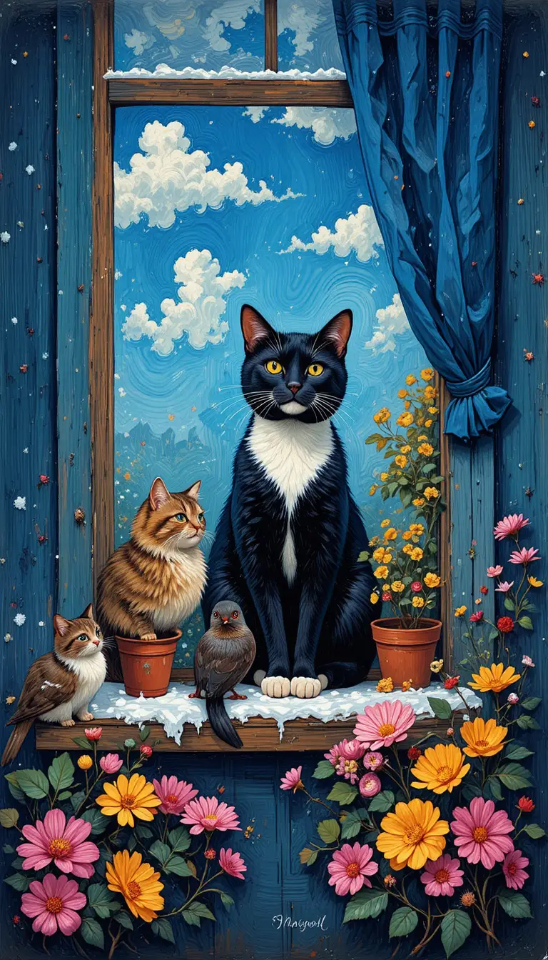 A Black And White Cat Watches Birds Beside a Snowy Window