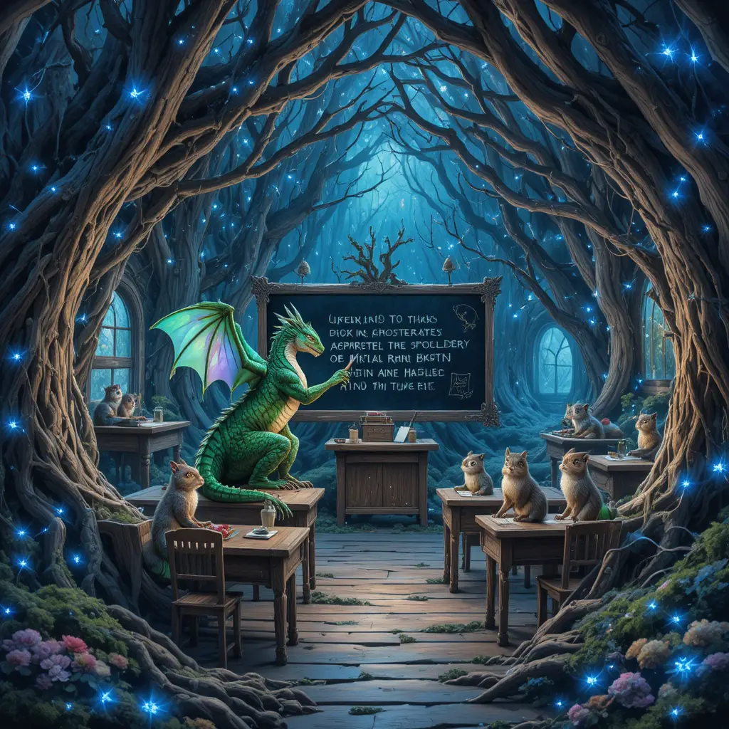 A watercolor classroom in an ancient tree canopy led by a green dragon