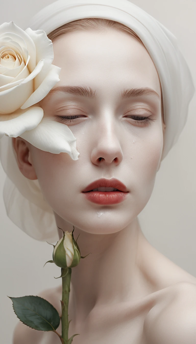 A surreal woman's face emerges with a rose and a falling tear