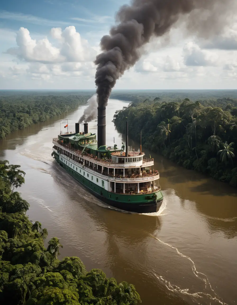 A steamship travels through the vast Amazon rainforest