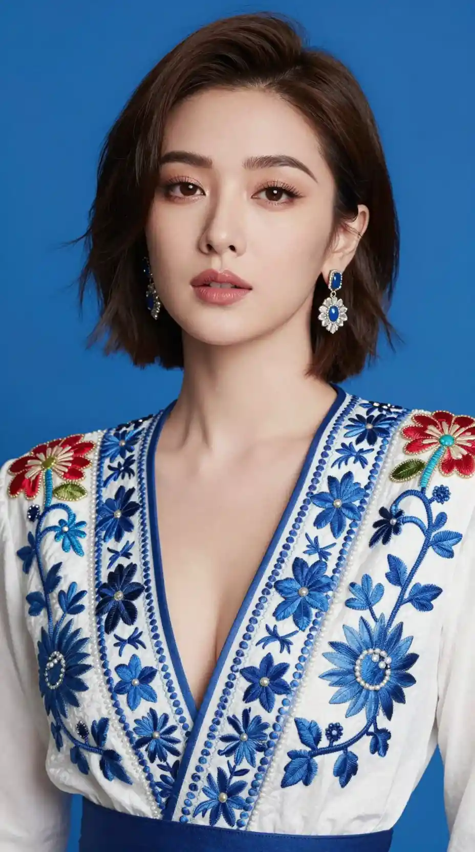 Une femme glamour en broderies traditionnelles sur un fond bleu éclatant