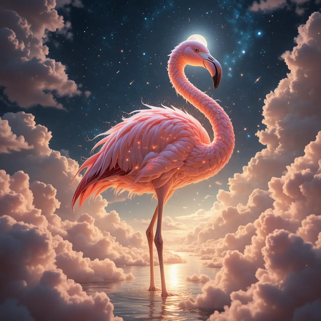 A majestic flamingo stands on one leg amid golden hour clouds