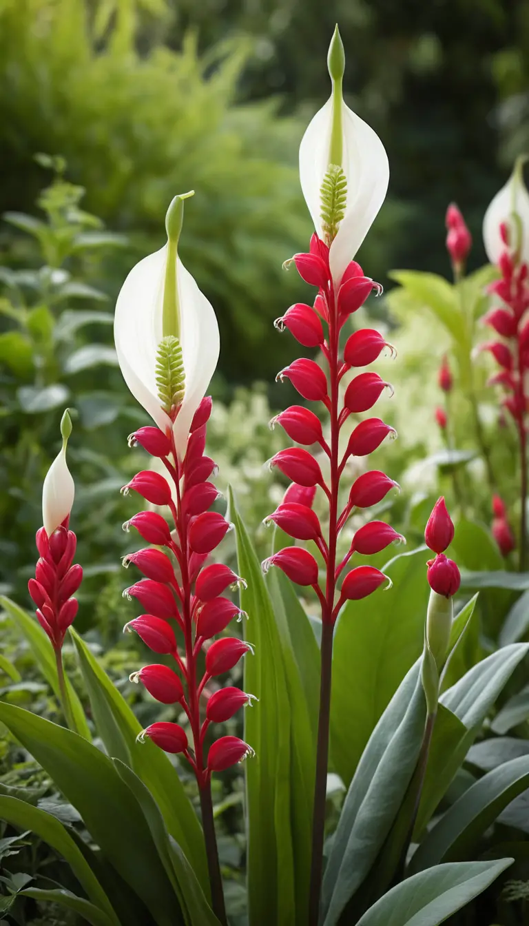 Red and white flowers rise along a tall green garden plant