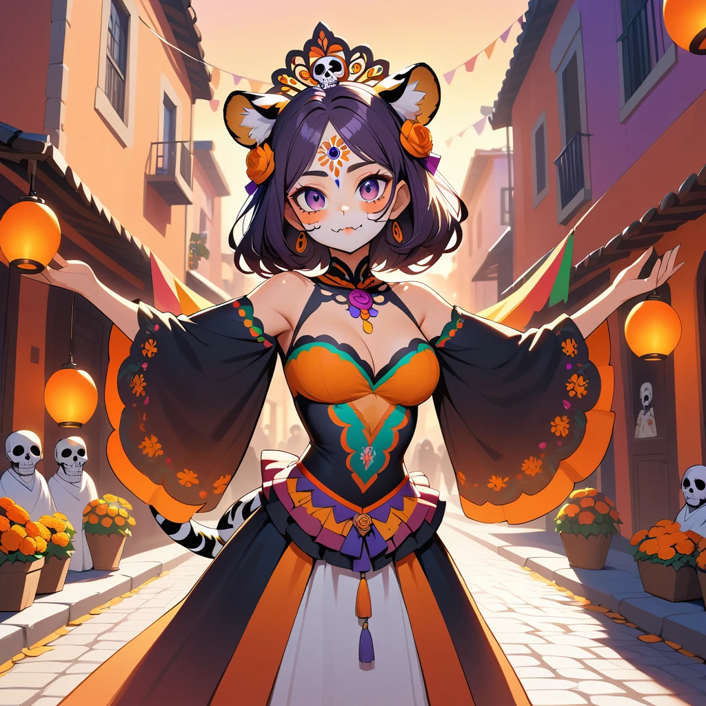 A tiger woman stands proudly in a Mexican plaza at sunset