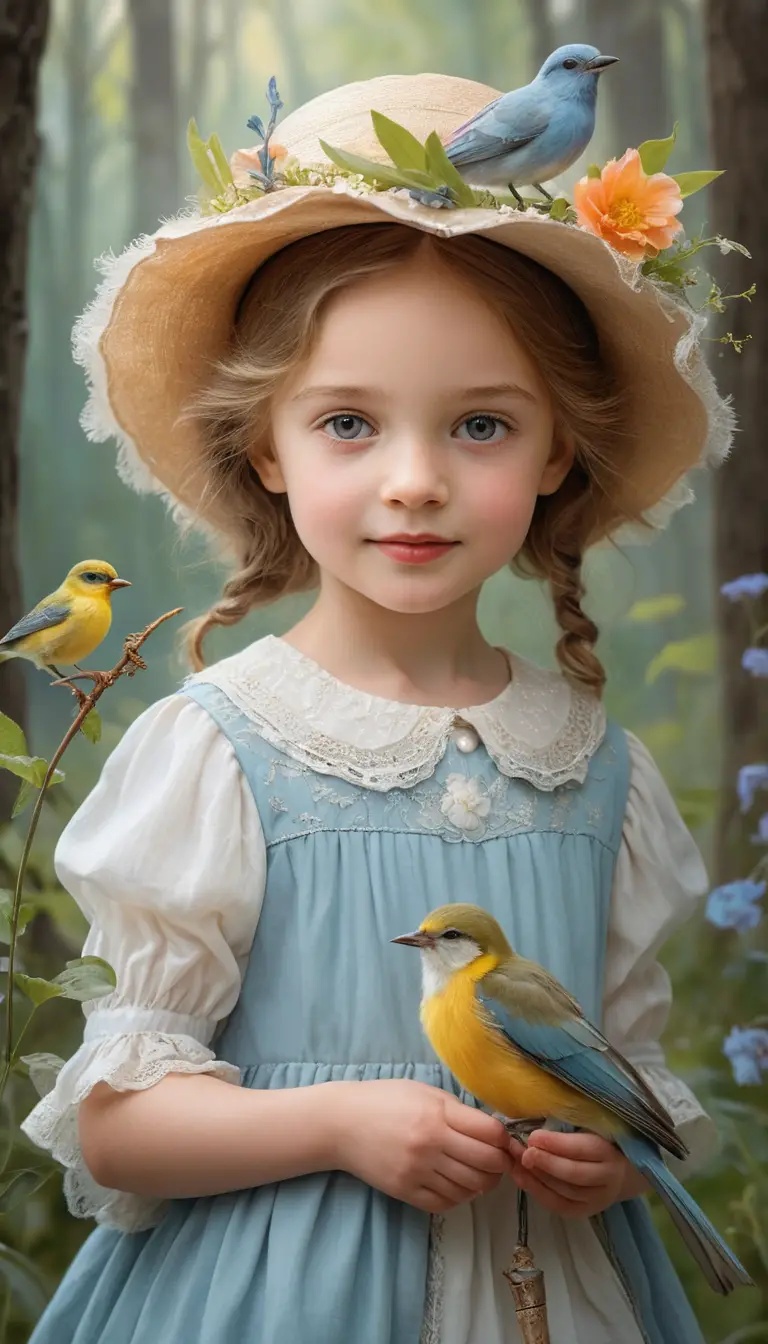 A smiling girl holds a tiny bird beneath a flowered blue bonnet