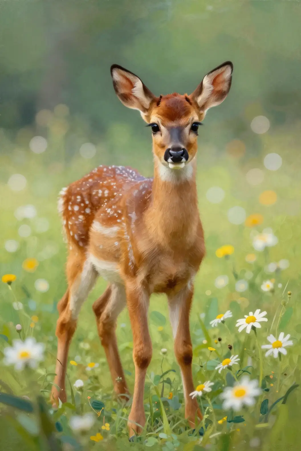 A Young Fawn Among Meadow Daisies In Soft Circular Bokeh