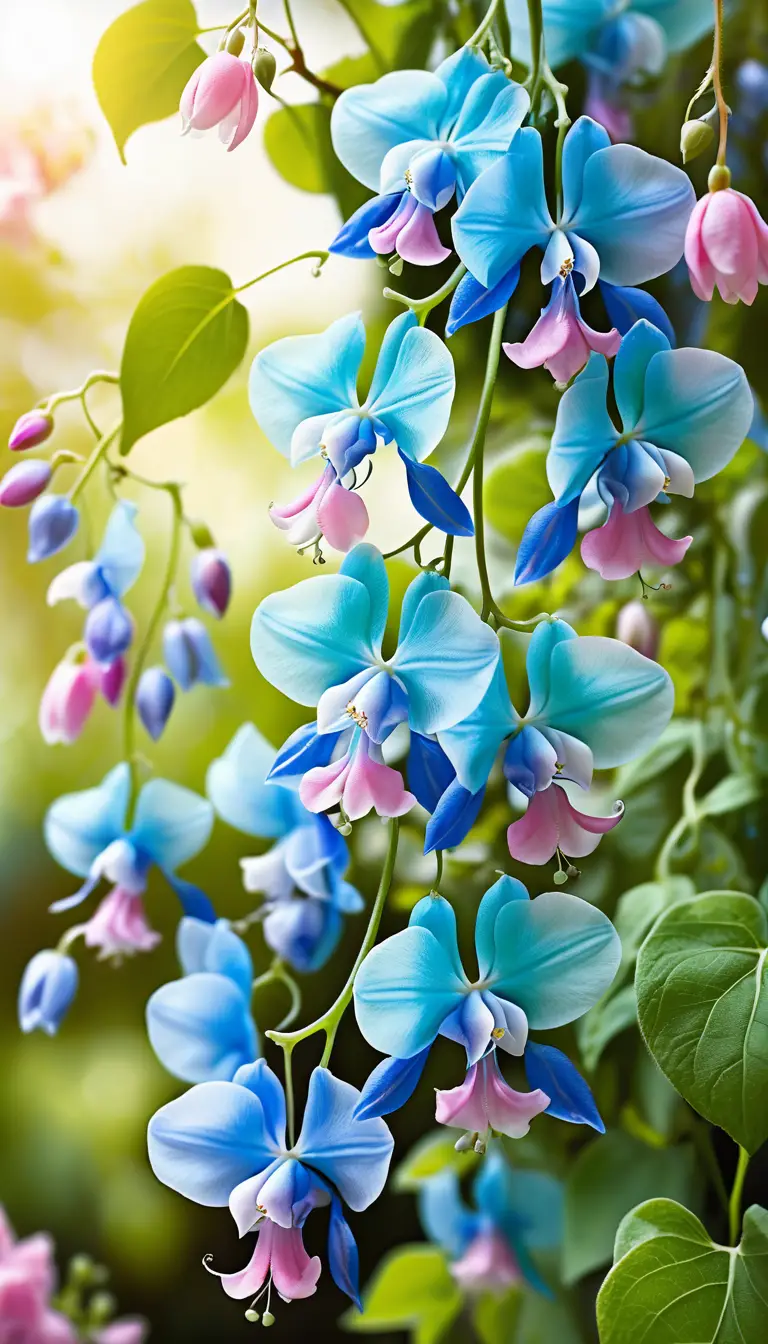 Cascading Blue and Pink Flowers on a Lush Garden Vine