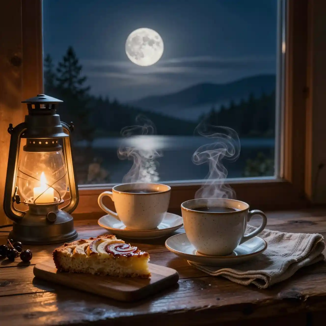 Steaming coffee cups on a cozy windowsill at night