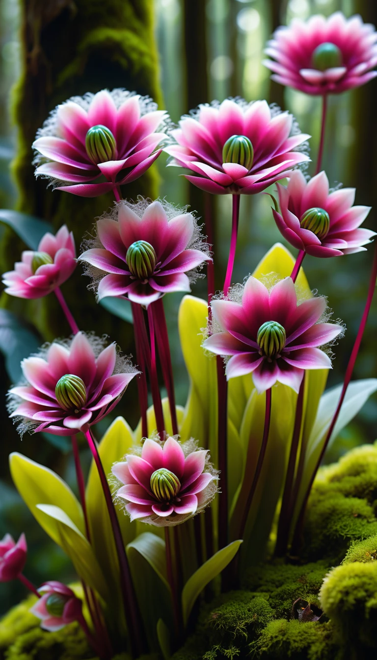 Exotic flowers bloom in a sunlit forest cluster