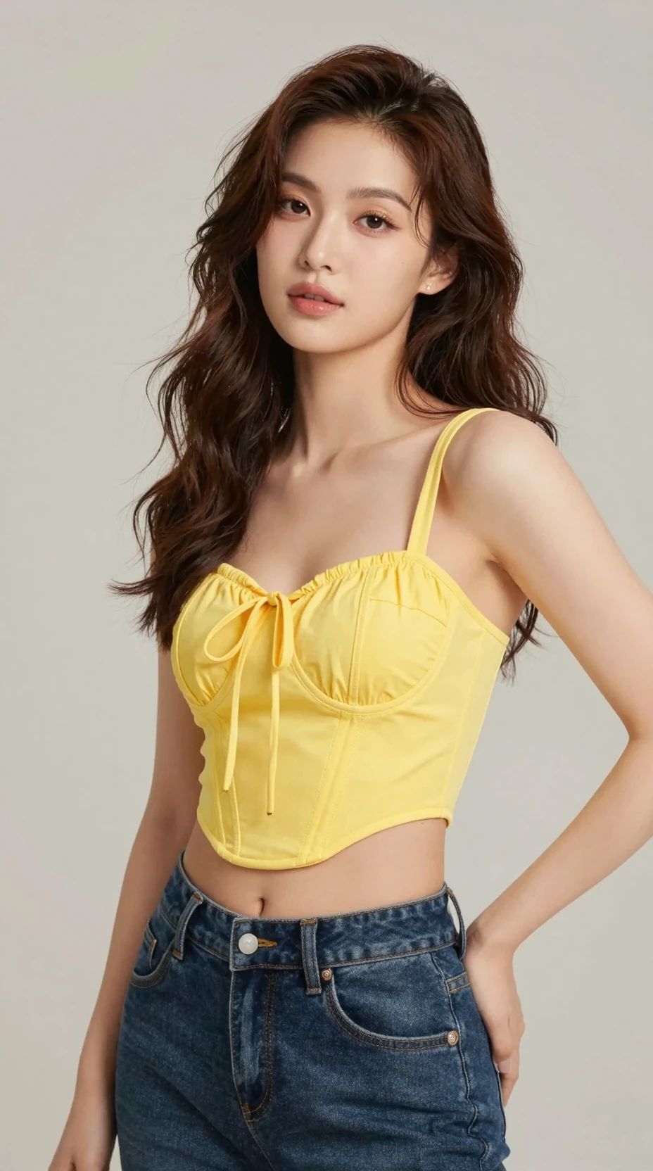 A woman poses in a yellow corset top and dark blue jeans