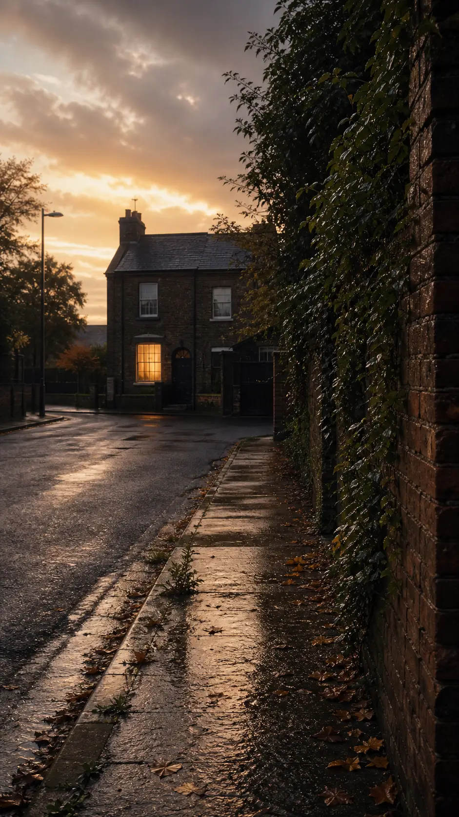 Una tranquilla casa britannica in mattoni brilla in fondo a una strada bagnata