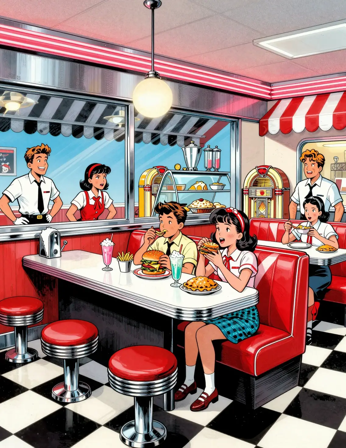 A 1950s roadside diner glows with chrome, neon, and classic Americana