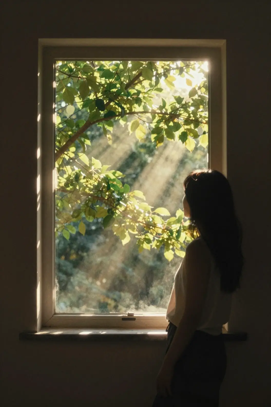 A woman's silhouette leans beside a window framing sunlit green foliage