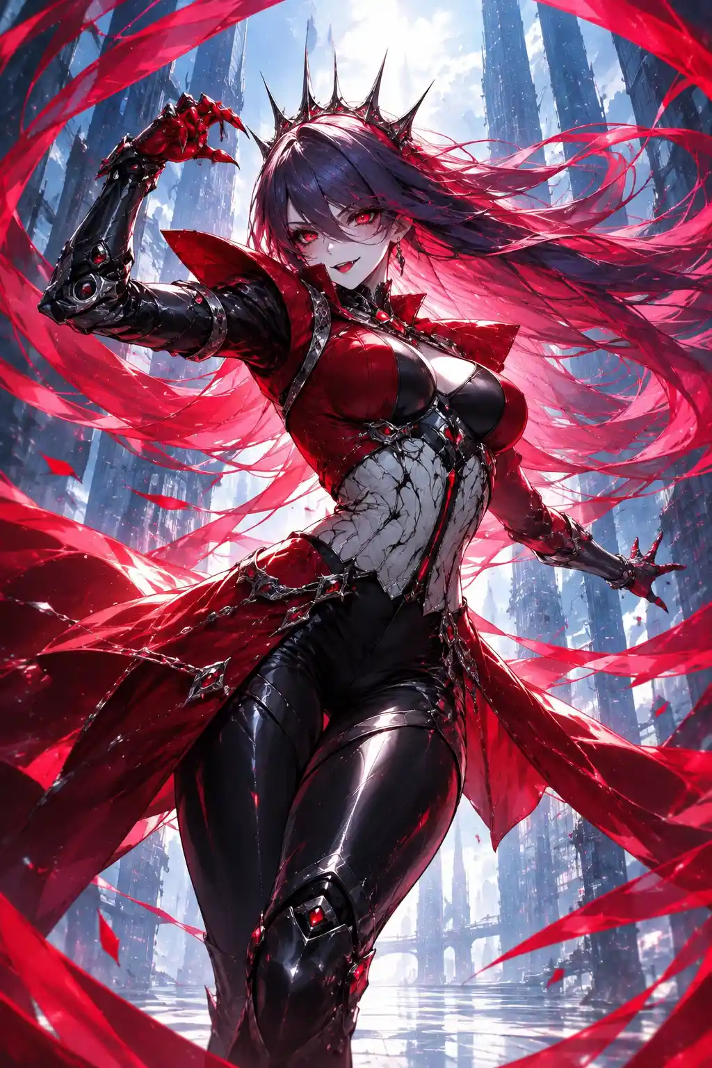 Vampire queen strides through a towering futuristic city