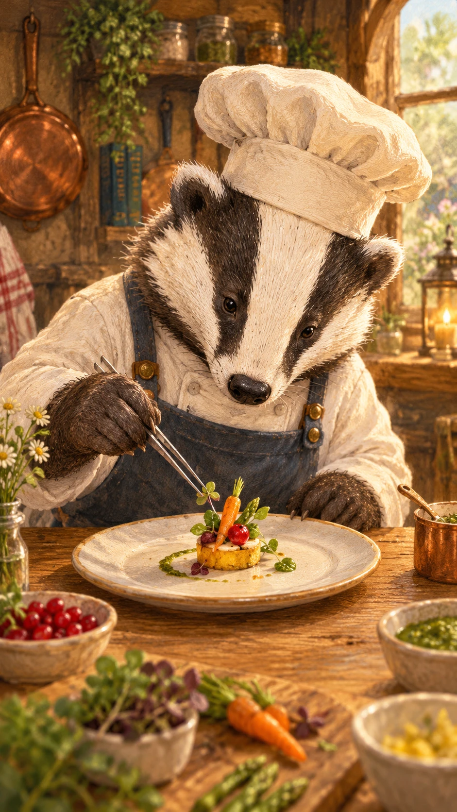 A badger chef plates a tiny gourmet meal in a rustic kitchen