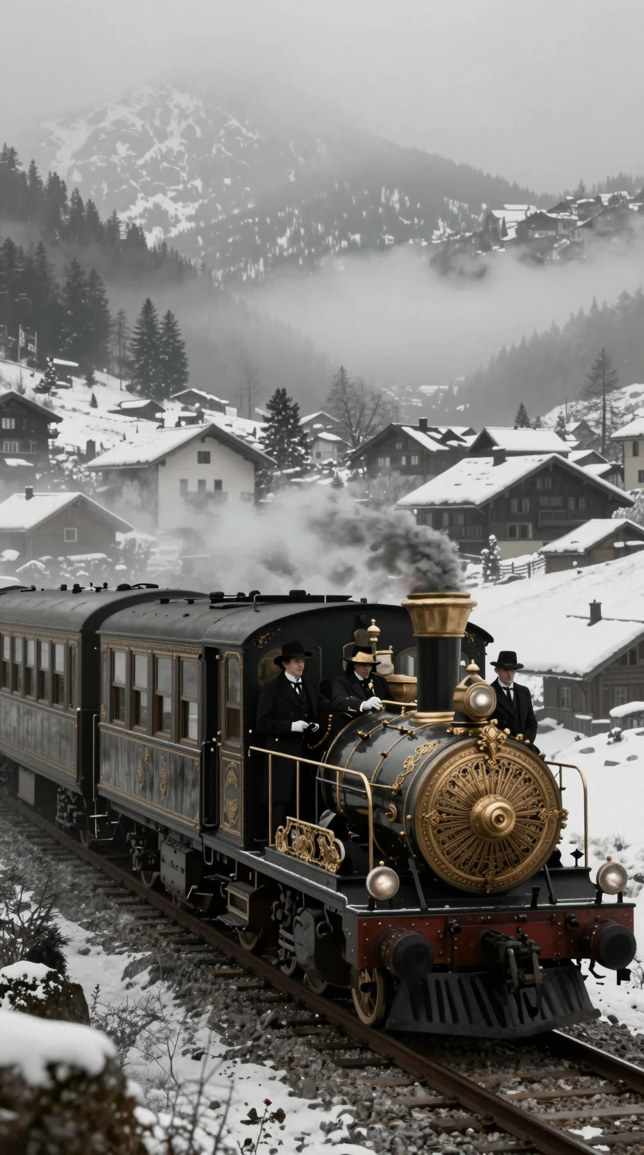 Un treno d'epoca attraversa un paesaggio europeo avvolto nella nebbia